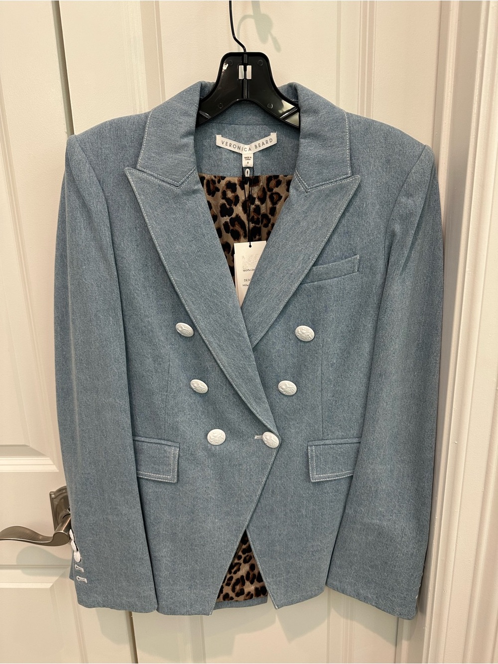 Veronica Beard Powder Blue Double-Breasted Blazer with Leopard Lining